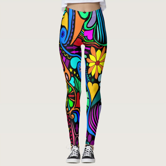 Popular Contrast Color Flower Leggings Women's Sports Casual Slim-fitting Ankle Length Trousers