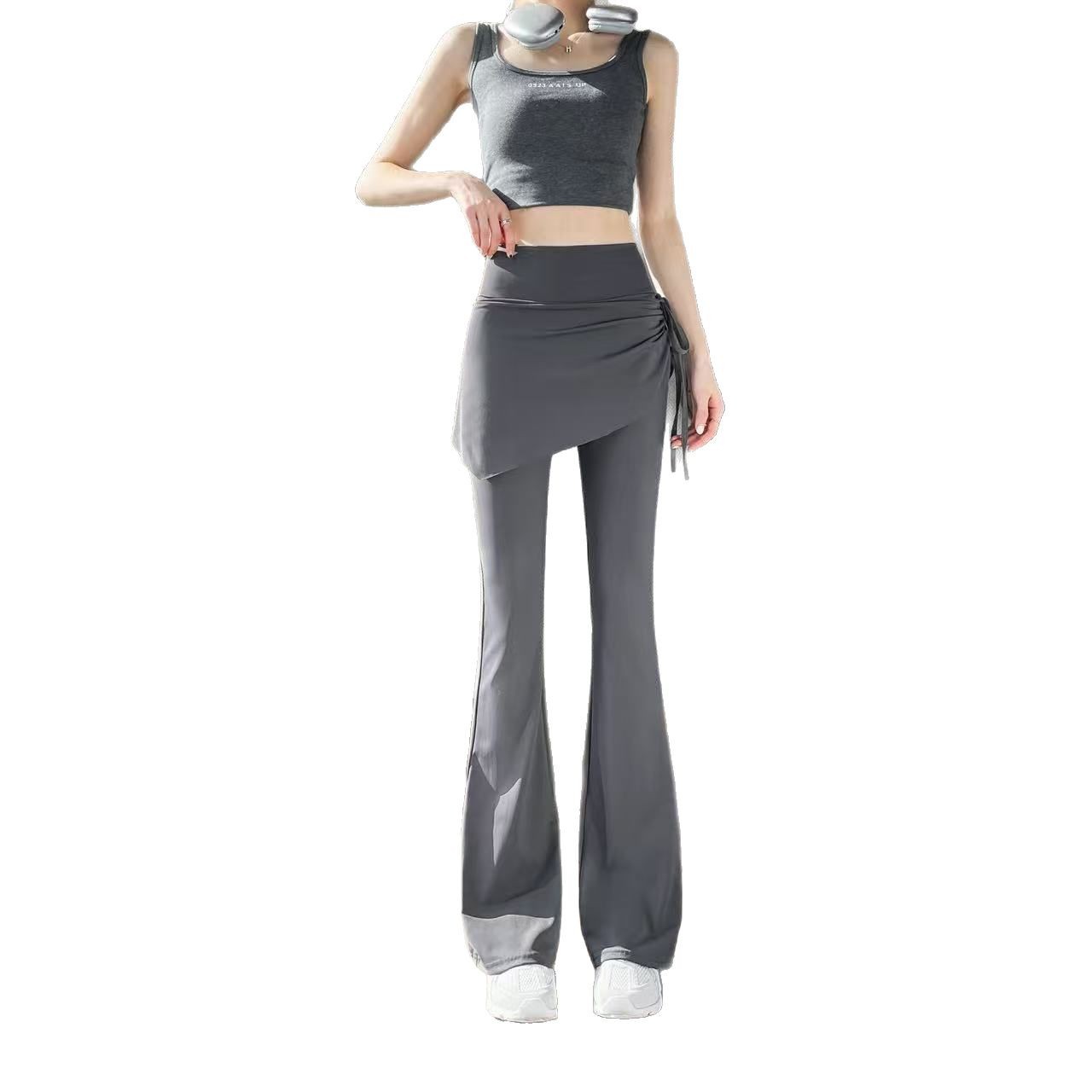 Womens Solid-Color Mock Two-Piece Cropped Flare Pants With Drawstring