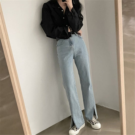 Korean Version Of Ins Fashion High-waisted Slits Were Thin And High-covered Bi-prepared Spring Jeans Women