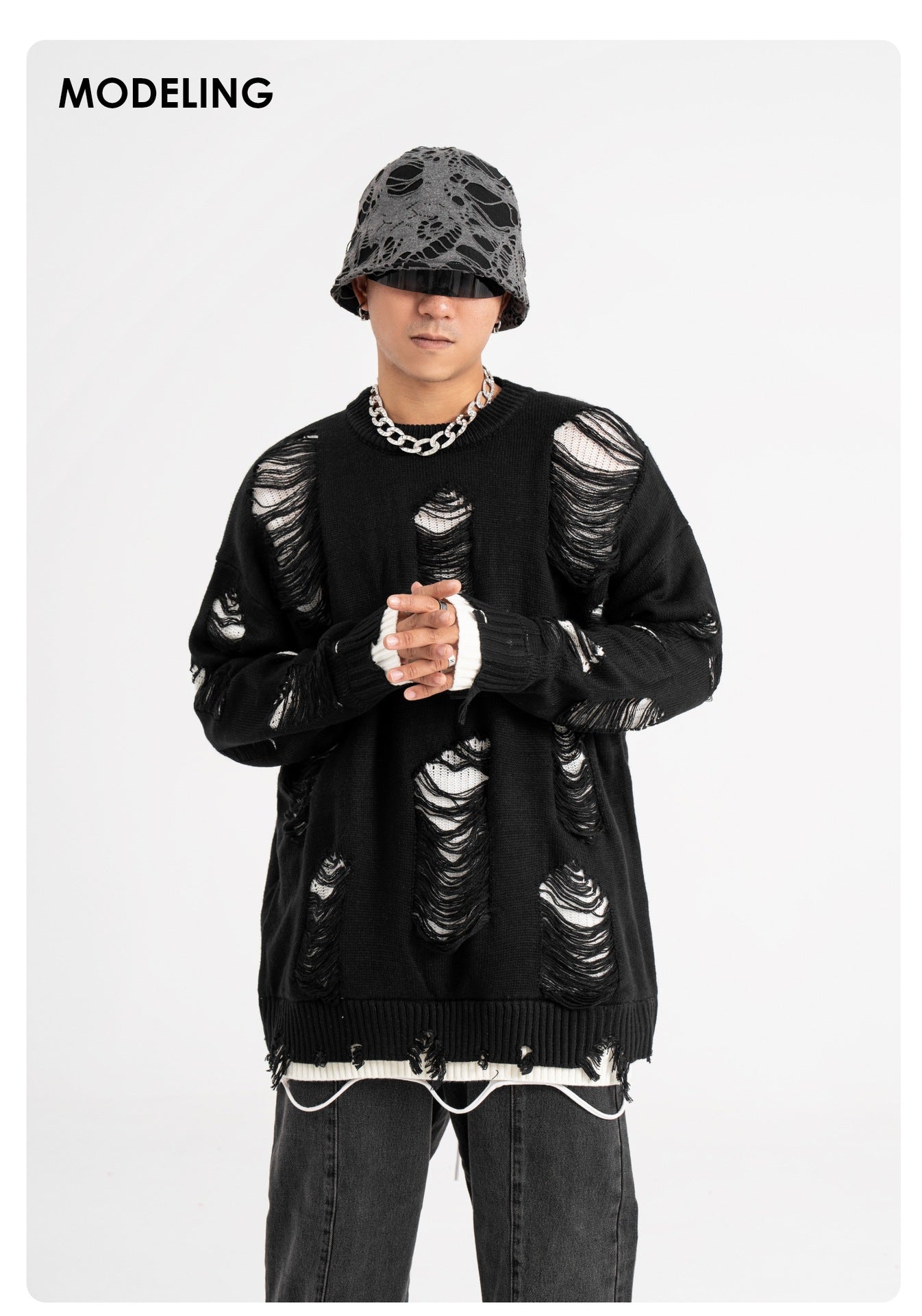Fake Two-piece Hole Oversize Design Sense Idle Style Couple Sweater