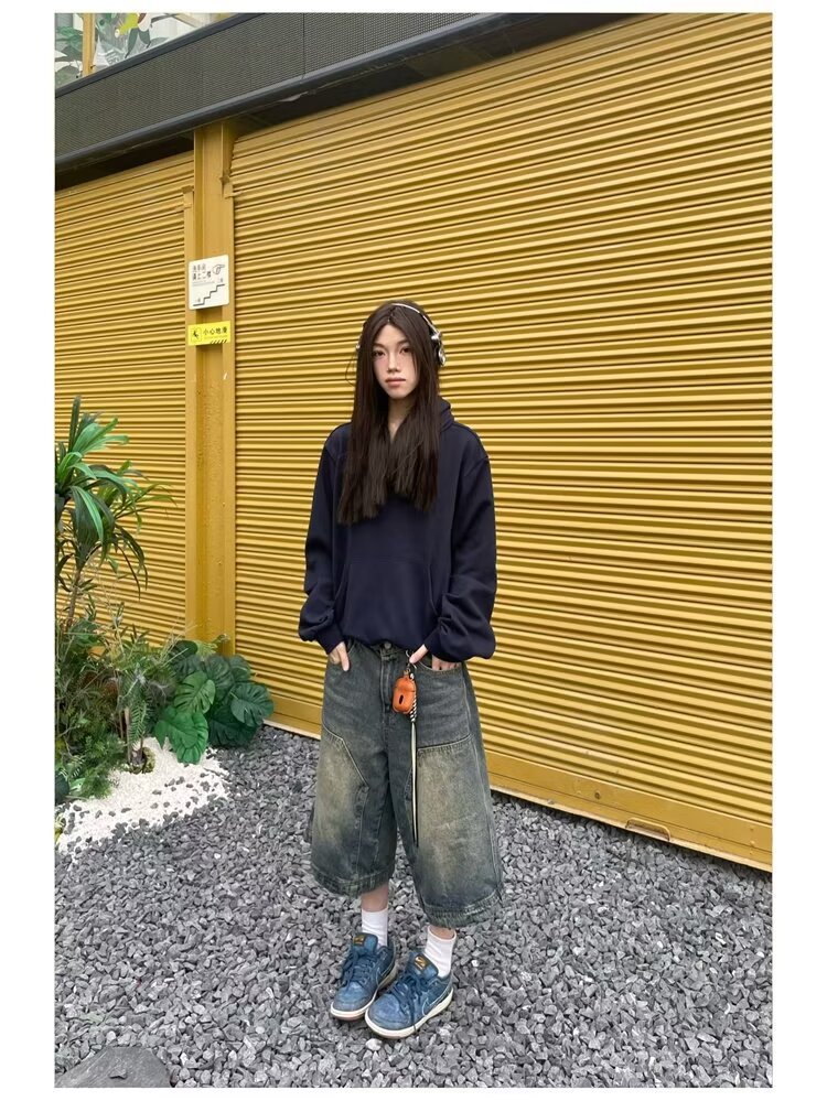 Men's And Women's Retro Washed Denim Straight Wide Leg Shorts