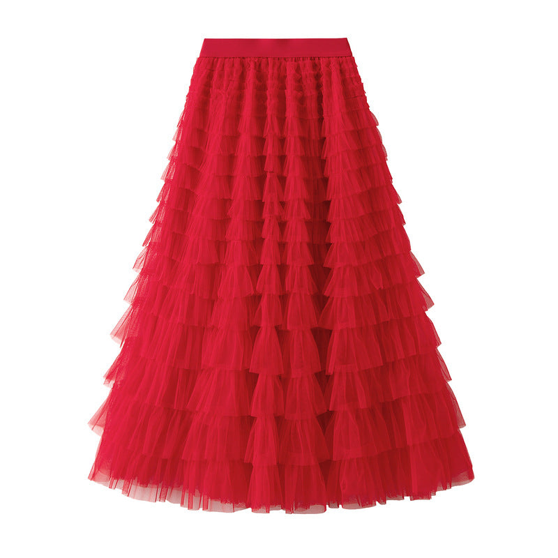 Line Mesh Ruffle Skirt Women's Temperament Sweet Long Skirt Slim Cupcake Dress Womens Clothing