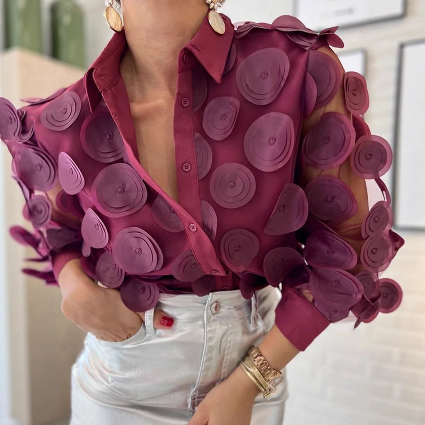 Mesh Long Sleeve Shirt French Style Elegant Blouse