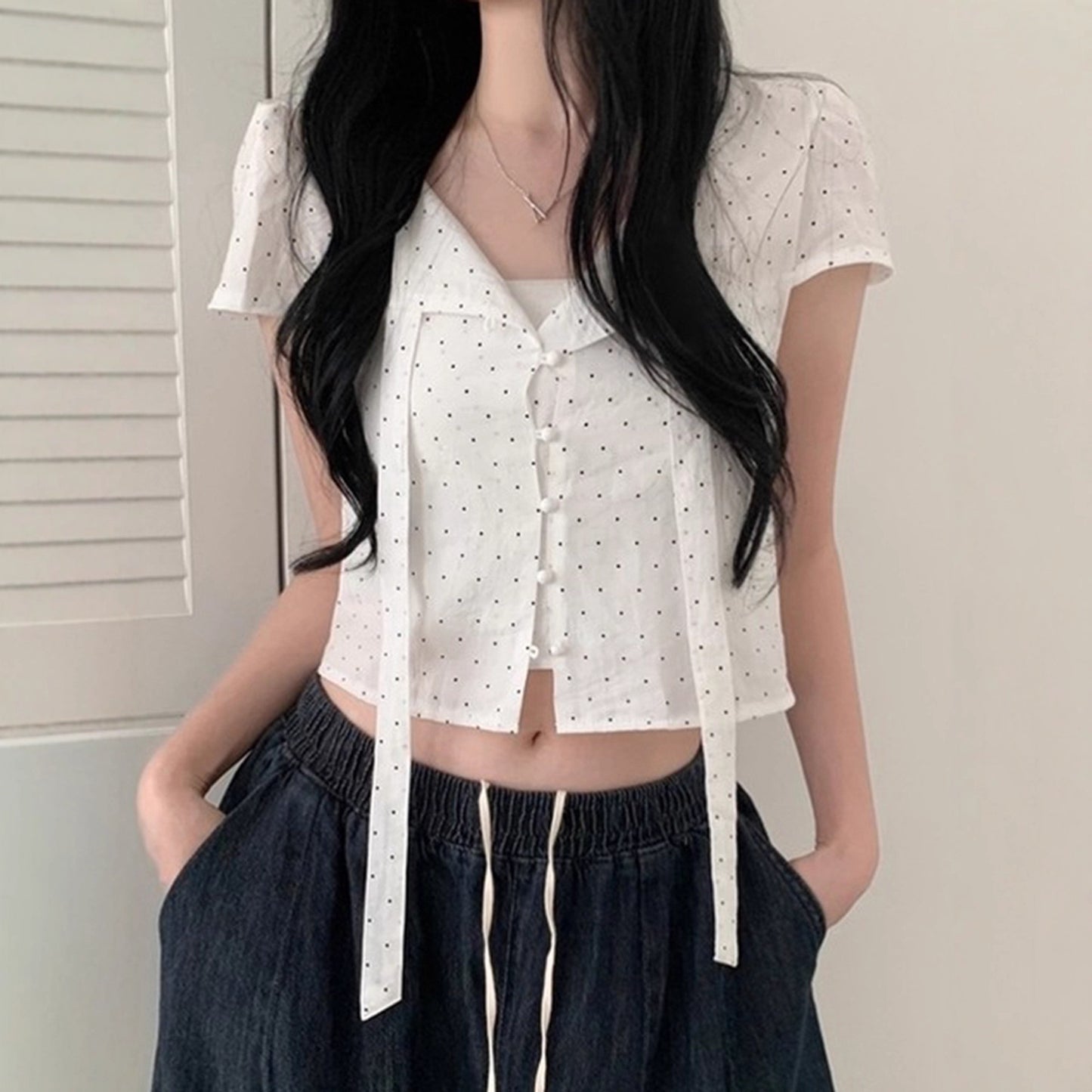 Sweet Alluring Bow-Knot Polka-Dot Strap Short-Sleeve T-Shirt
