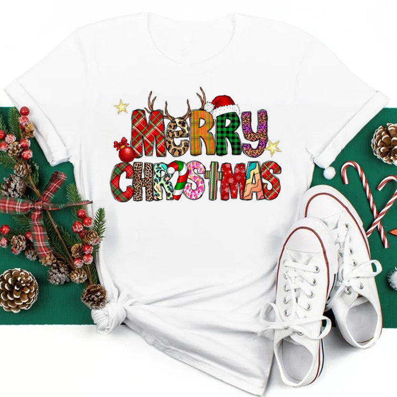 New Year Christmas Plus Size Round Neck Short Sleeve T-shirt