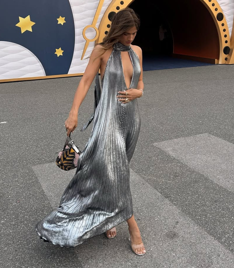Metallic Solid-color Sleeveless Backless Dress