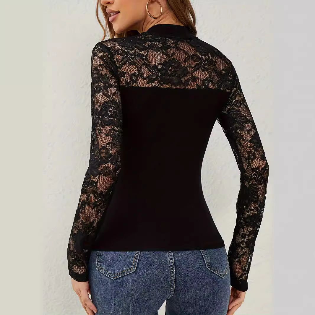 Fashion Lace Stitching Long-sleeved Small Stand Collar Pullover Base T-shirt