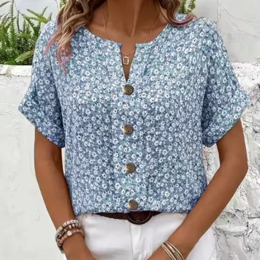Womens Casual Plant-Print Jacquard Collar Short-Sleeve T-Shirt