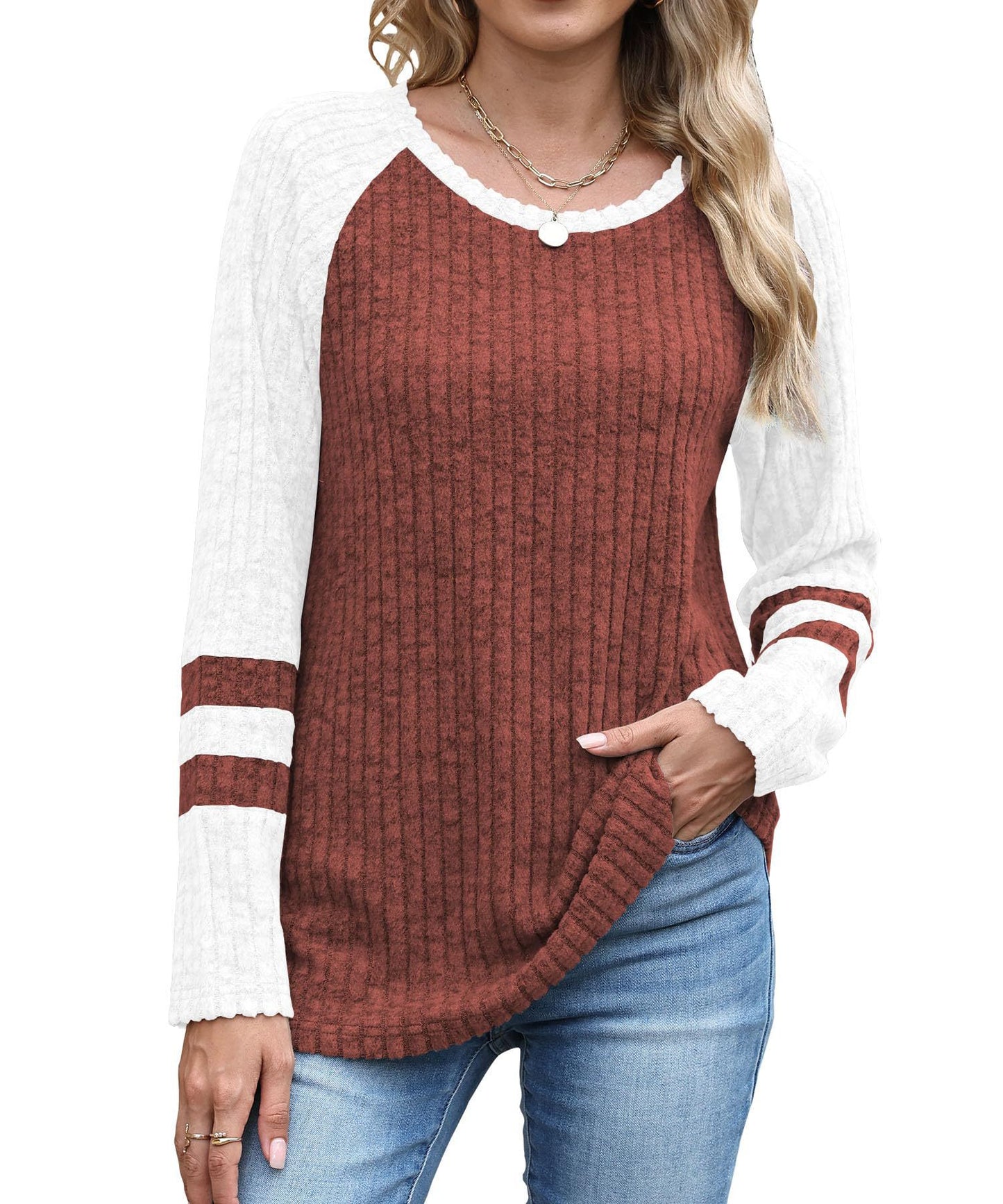 Europæisk og amerikansk mode langærmet sweater med kontrastfarve rund hals top