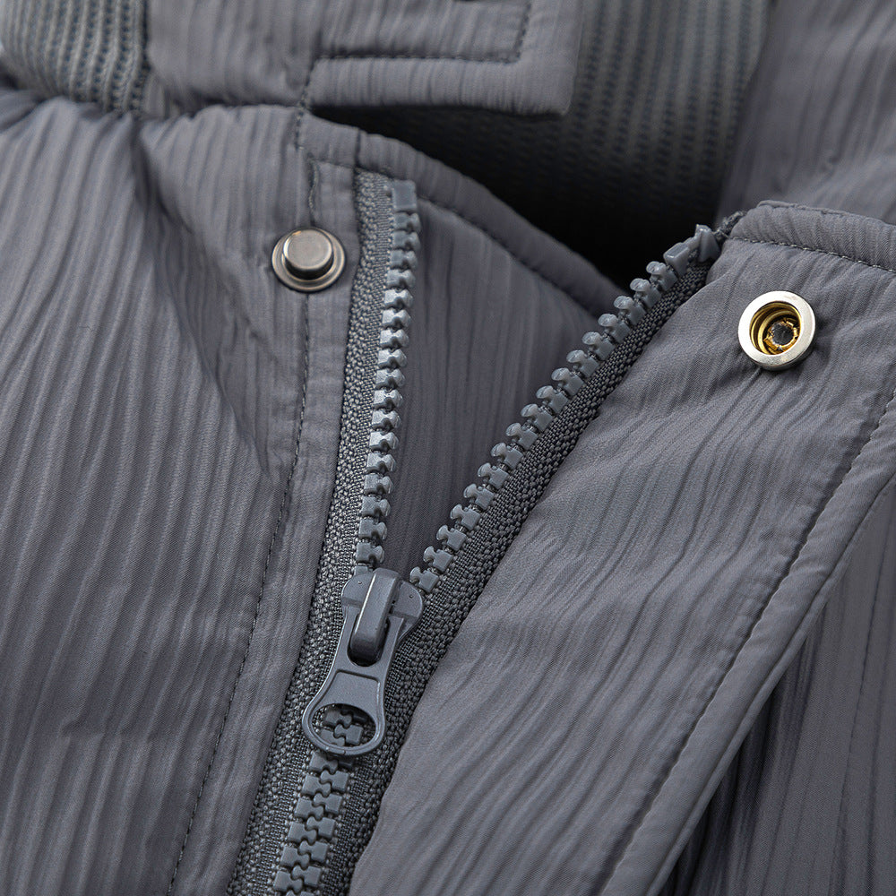 Pleated Design Loose Casual Pocket Zipped Stand Collar Cotton-padded Coat