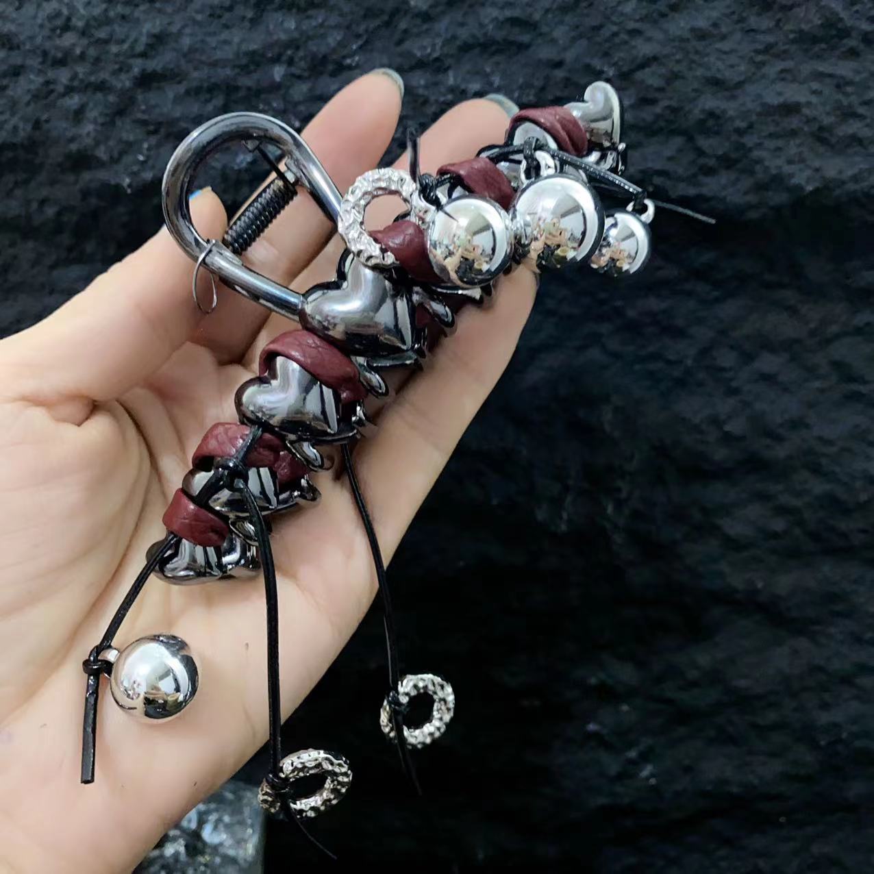 Metal Leather Love Girl Buckle Tassel Round Beads Hair Claw