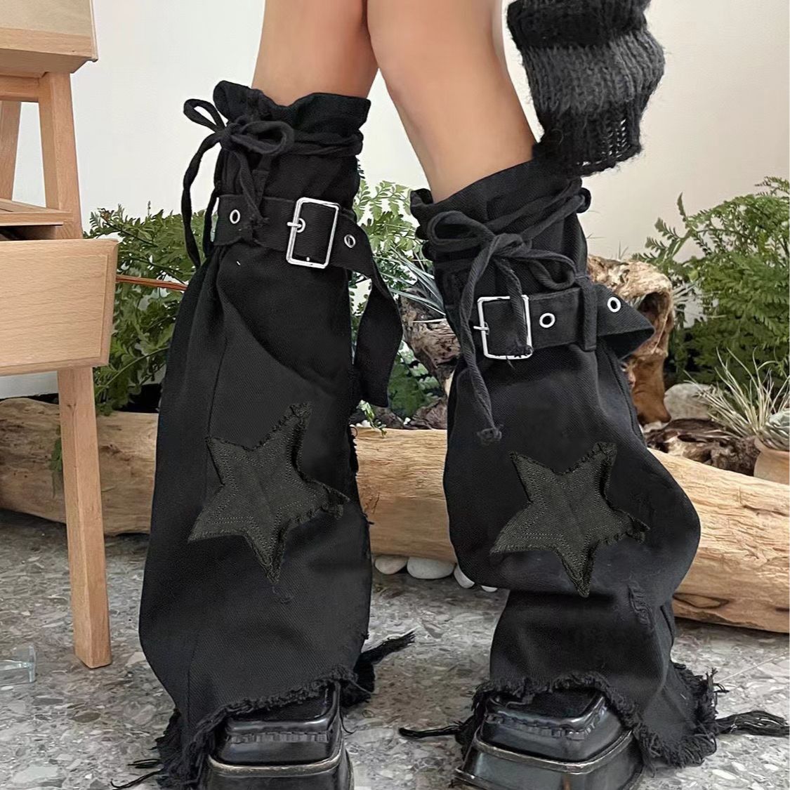 Star Embroidery Tie-neck Denim Retro Slightly Flared Women's Pile Tube Socks Leg Warmer