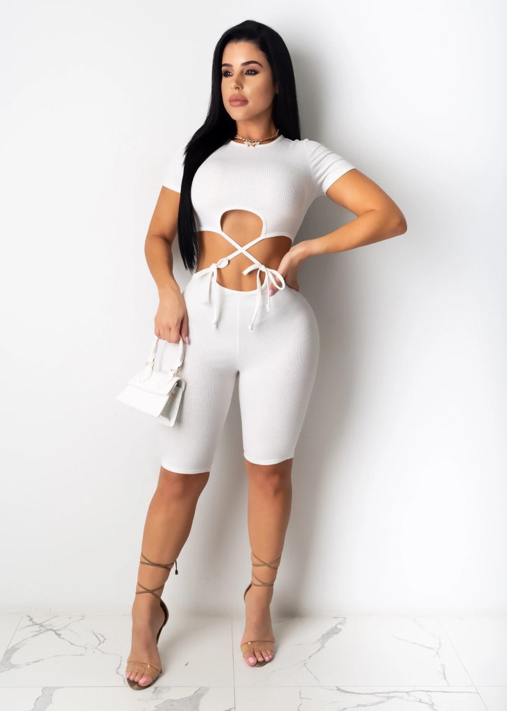 Knitted Tie-front Midriff-baring One-piece Shorts
