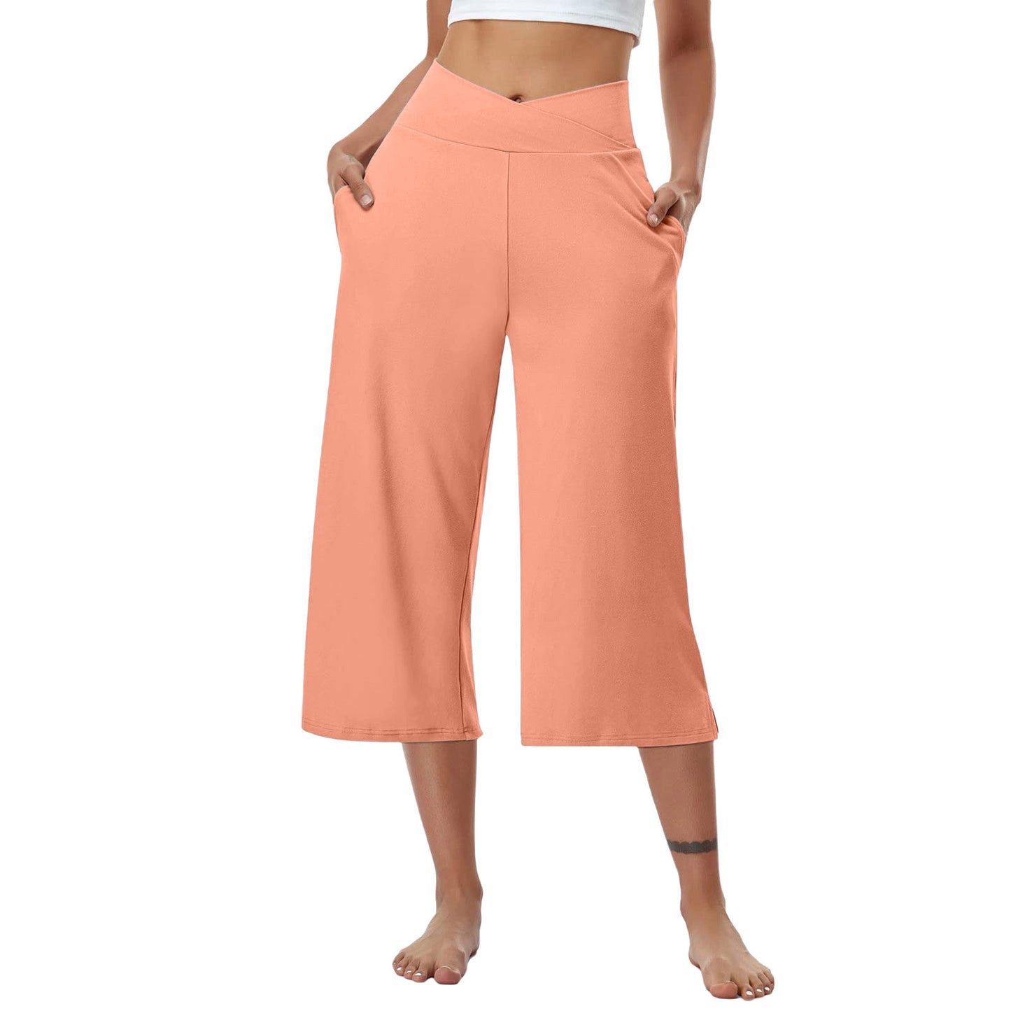 High-Waist Butt-Lifting V-Shaped Waist Wide-Leg Fitness Running Cropped Pants