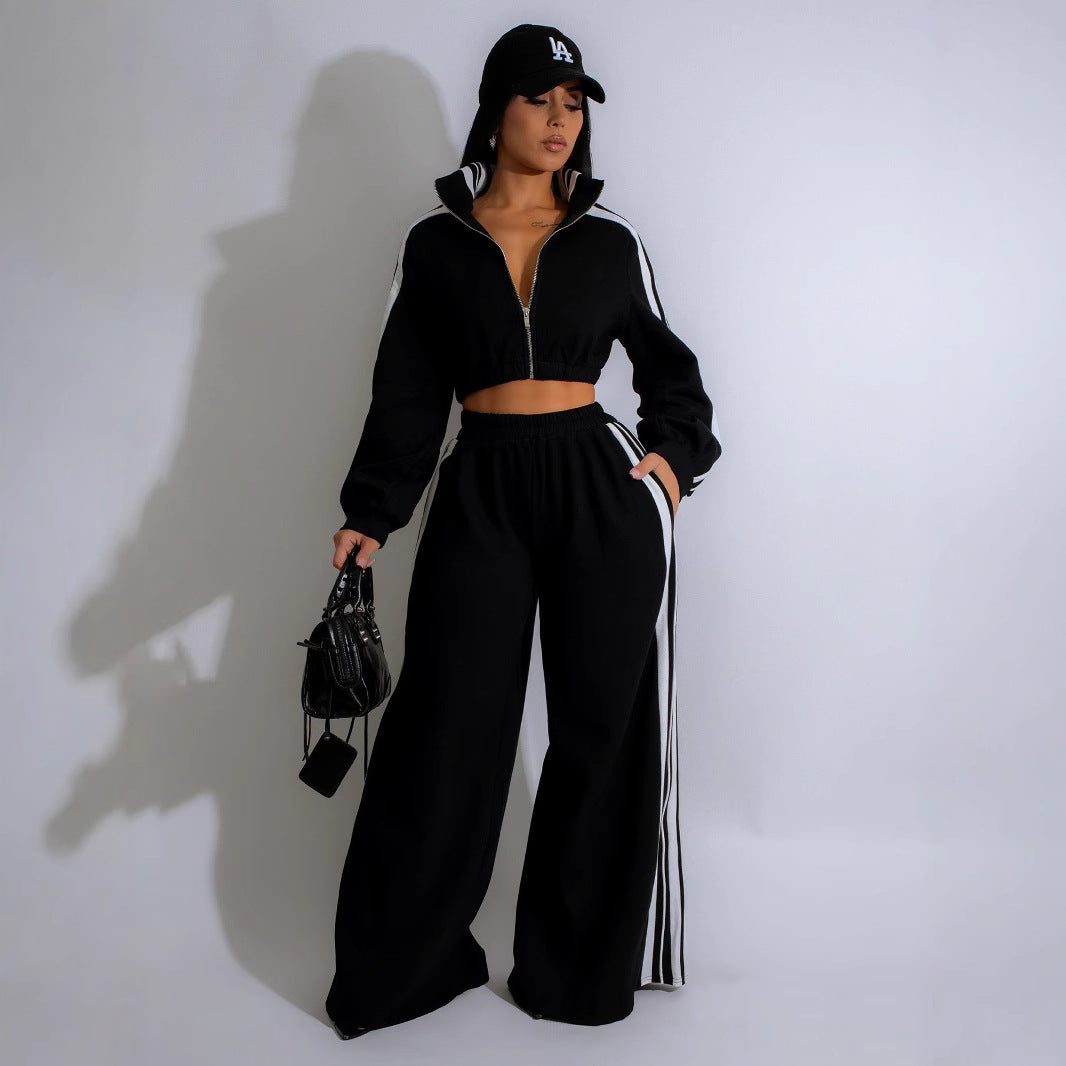 Striped Zipper Thickening Sweater Leisure Commute Suit