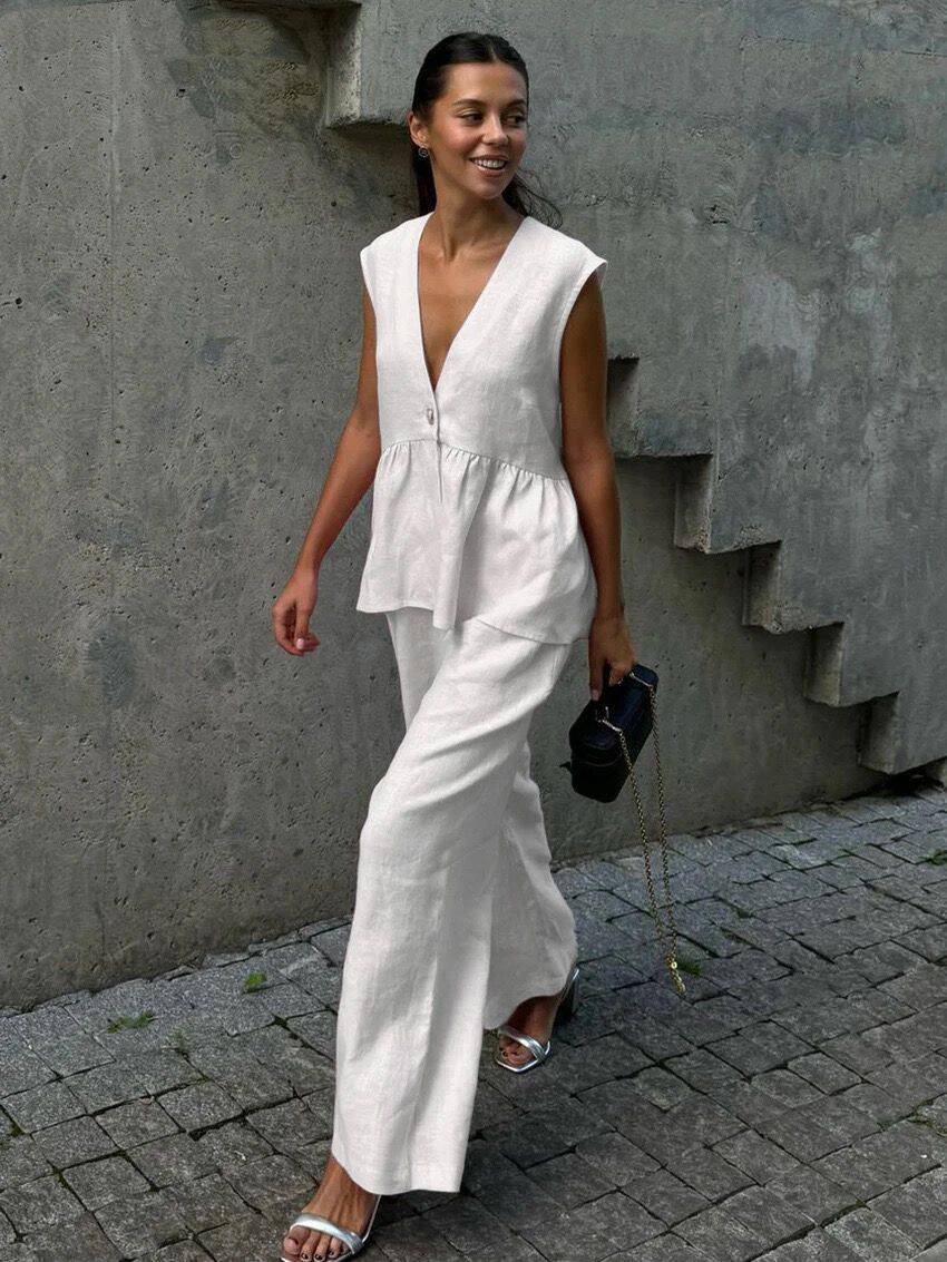 Womens Cotton V-Neck Sleeveless Vest And Wide-Leg Pants Set