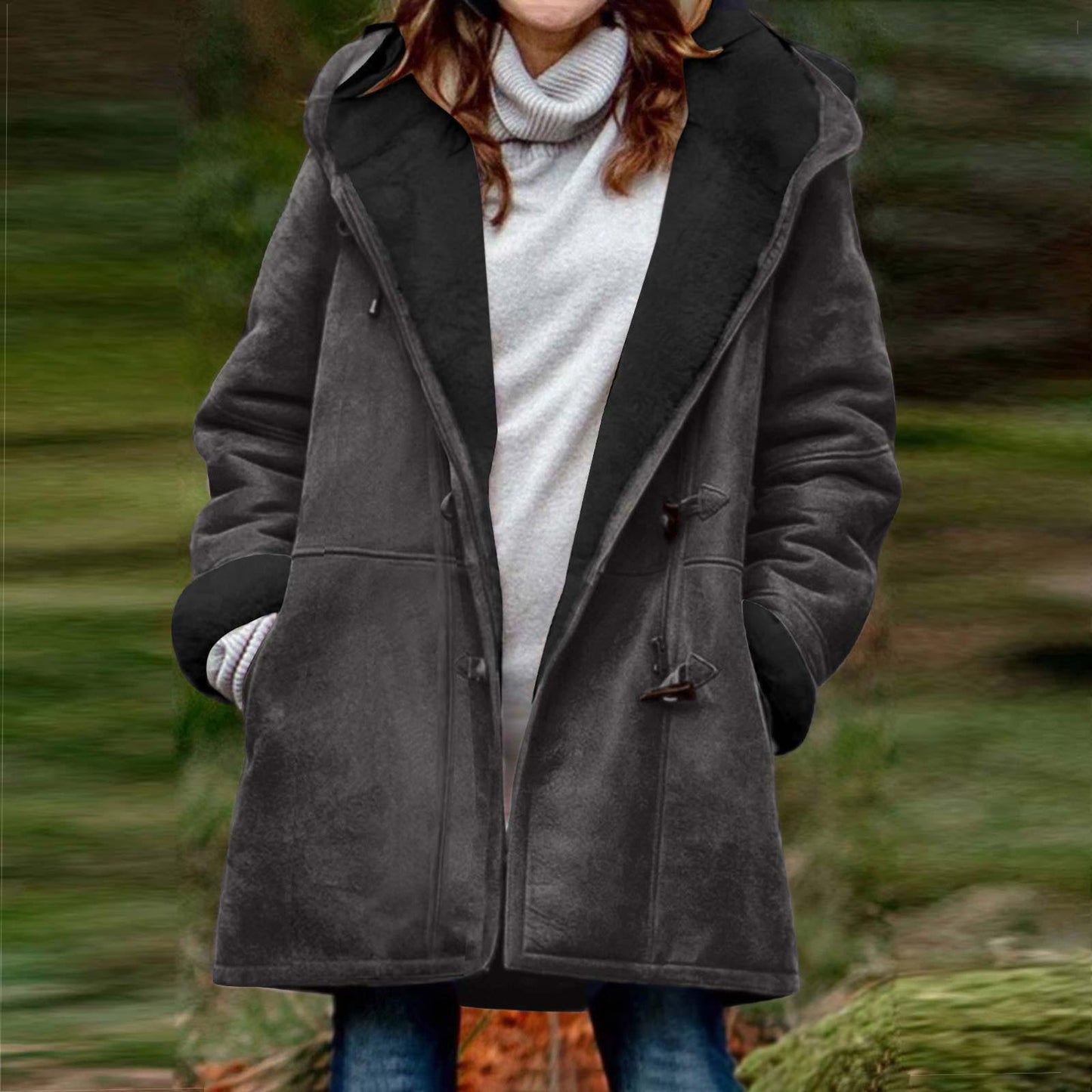 Suede Coat With Horn Buttons Fleece-lined For Warmth And Featuring Pockets