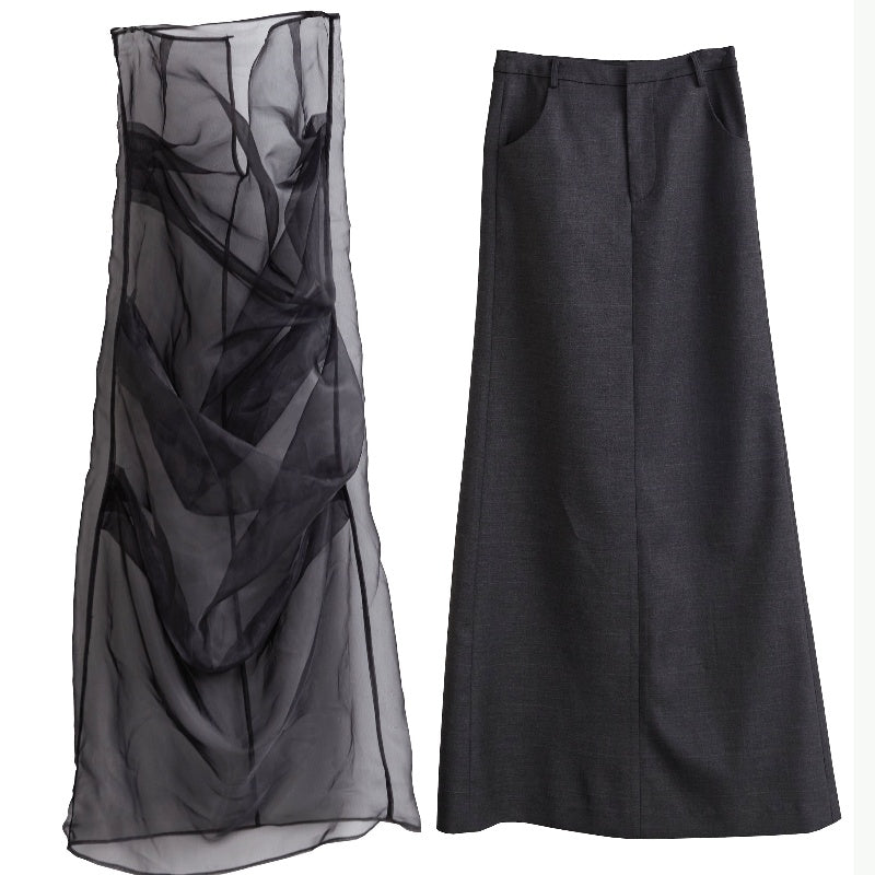 Elegant Retro Dark Style Two-piece Skirt With Pleated Yarn