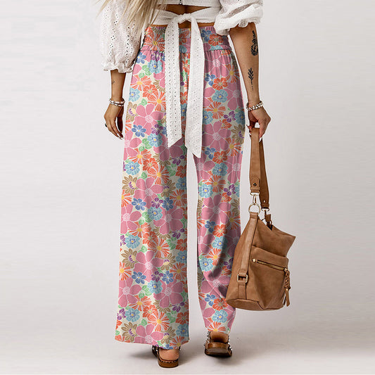 Women's Casual Loose Elastic Floral Print High Waist Wide Leg Pants
