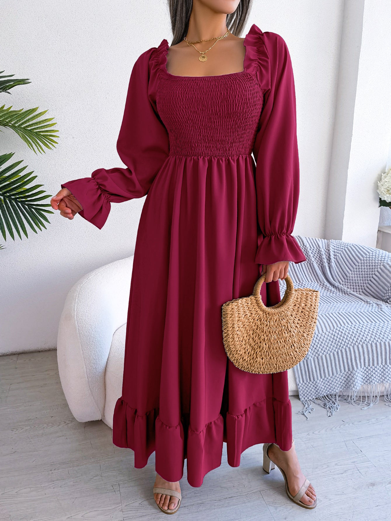 Women's Casual Square Neck Bell Sleeve Flowy Ruffle Maxi Dress
