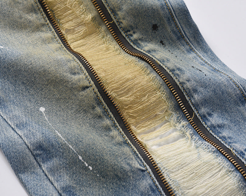 High Street Trendy Brand Long Zipper Split Burnt Out Speckled Ink Jeans