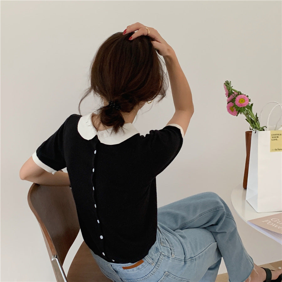 One Row Color Block Doll Collar Short Sleeve