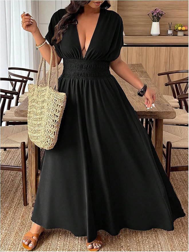 V-neck Short-sleeve Loose-fitting High-waisted Pleated Maxi Dress With A Slit