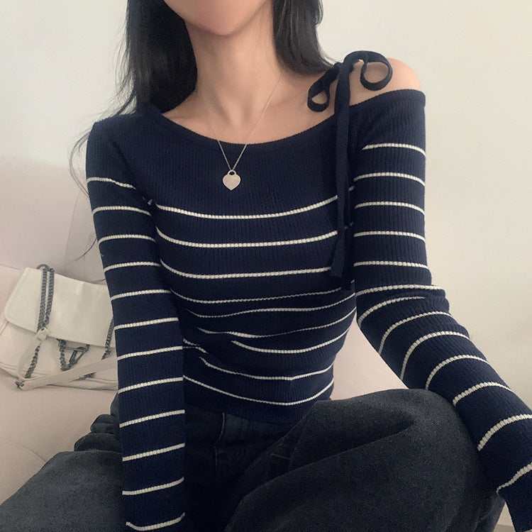 Casual Diagonal Collar Off-the-shoulder Strap Striped Color Matching Sweater Top