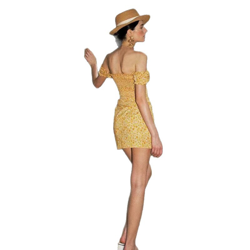 Single-breasted Off-shoulder Dress With Puff Sleeves