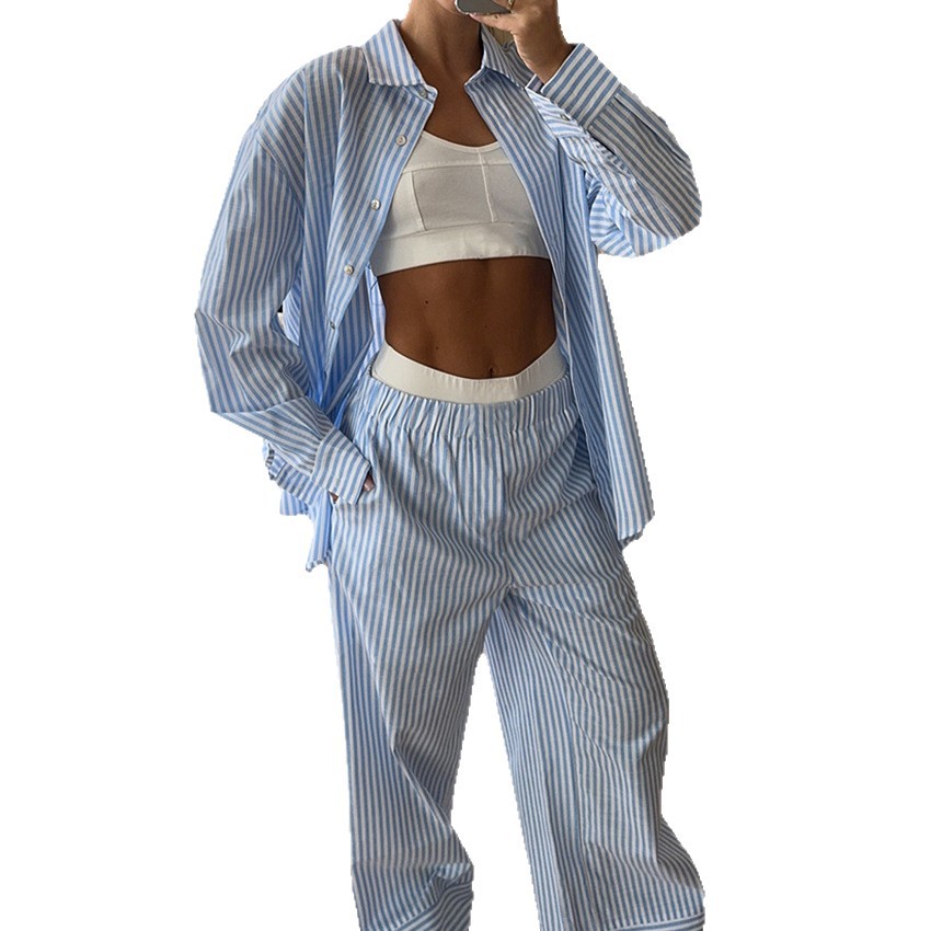 New Casual Striped Woven Two-piece Set Featuring Long-sleeve Top And Long Pants