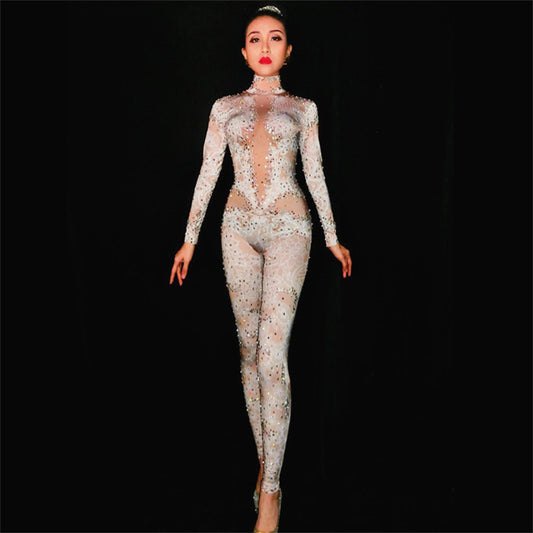 Women's Fashion Print Full Diamond Long-sleeved Jumpsuit