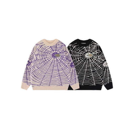 Dinified Hip Hop Niche Spider Web Jacquard Sweater
