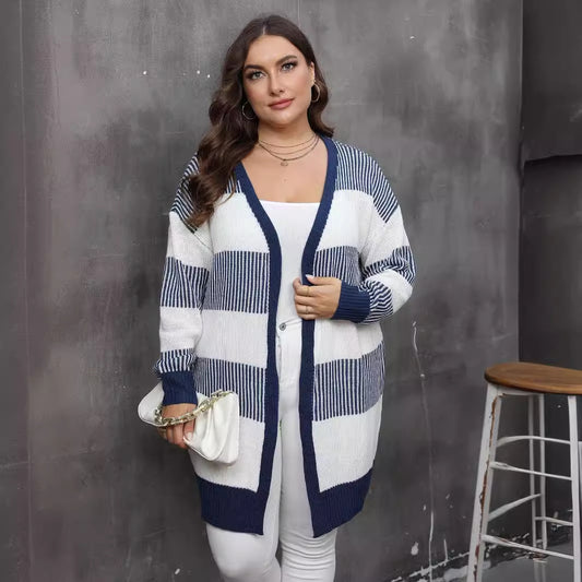 Contrast Color Striped Stitching Woven Casual Sweater Coat
