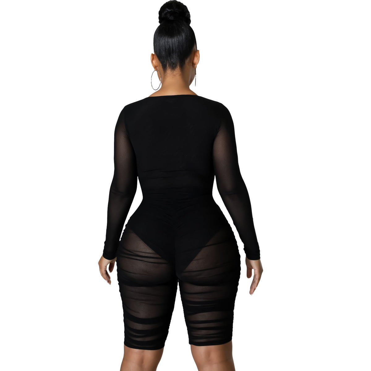 Mesh Panel Pleated Chest Wrap Casual Jumpsuit