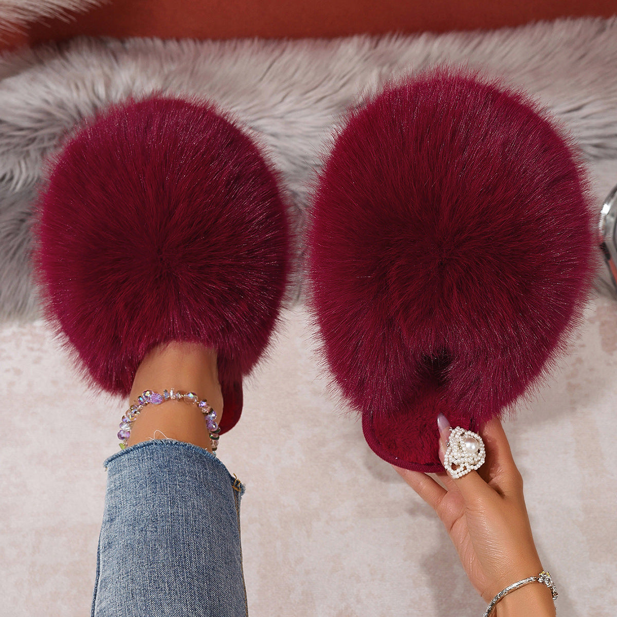 Kvinde Plus-size Ensfarvede Fluffy Store Pelsede Hjemmesko