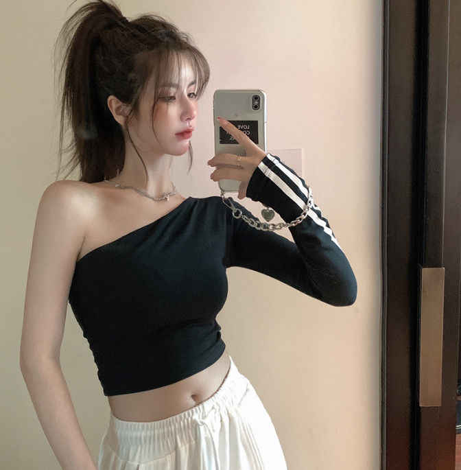 Solid Color Short Top Women's Off-shoulder Long Sleeve Casual T-shirt