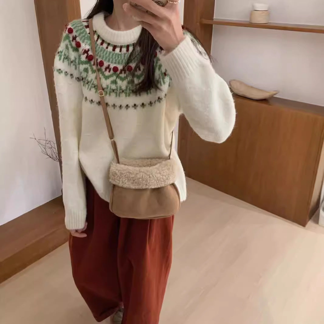 Red Christmas Style Sweater Women's Retro Contrast Color Round Neck Loose