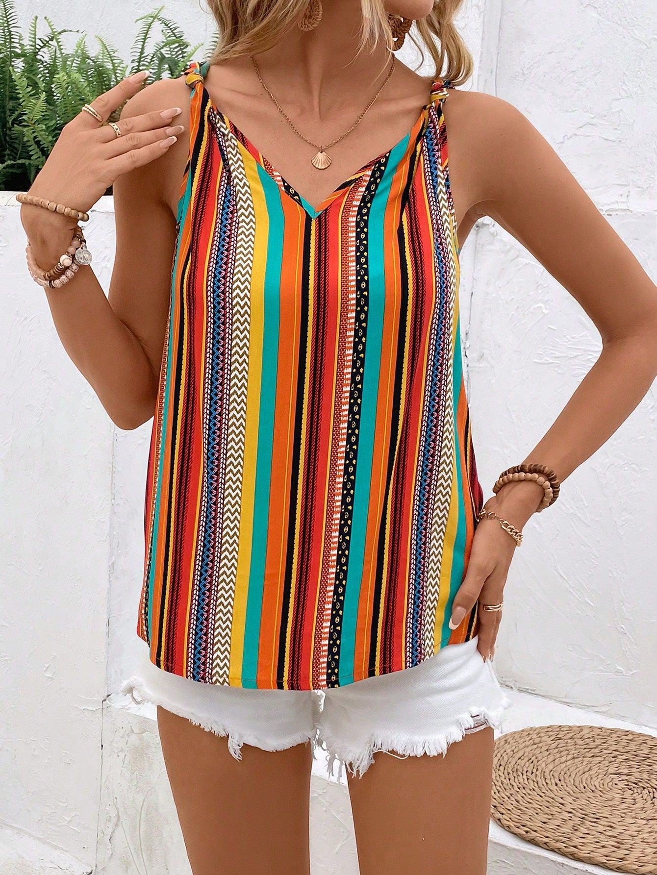 Strapped Striped Colorful V-Neck Casual Comfortable Sleeveless T-Shirt