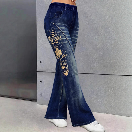 High-waisted Stretchy Faux Denim Pants With A Printed Design