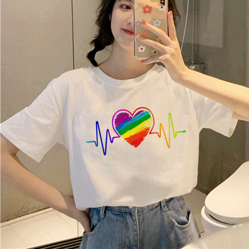 Personality Couple Wear Rainbow Letter Print Casual Short Sleeve T-Shirt