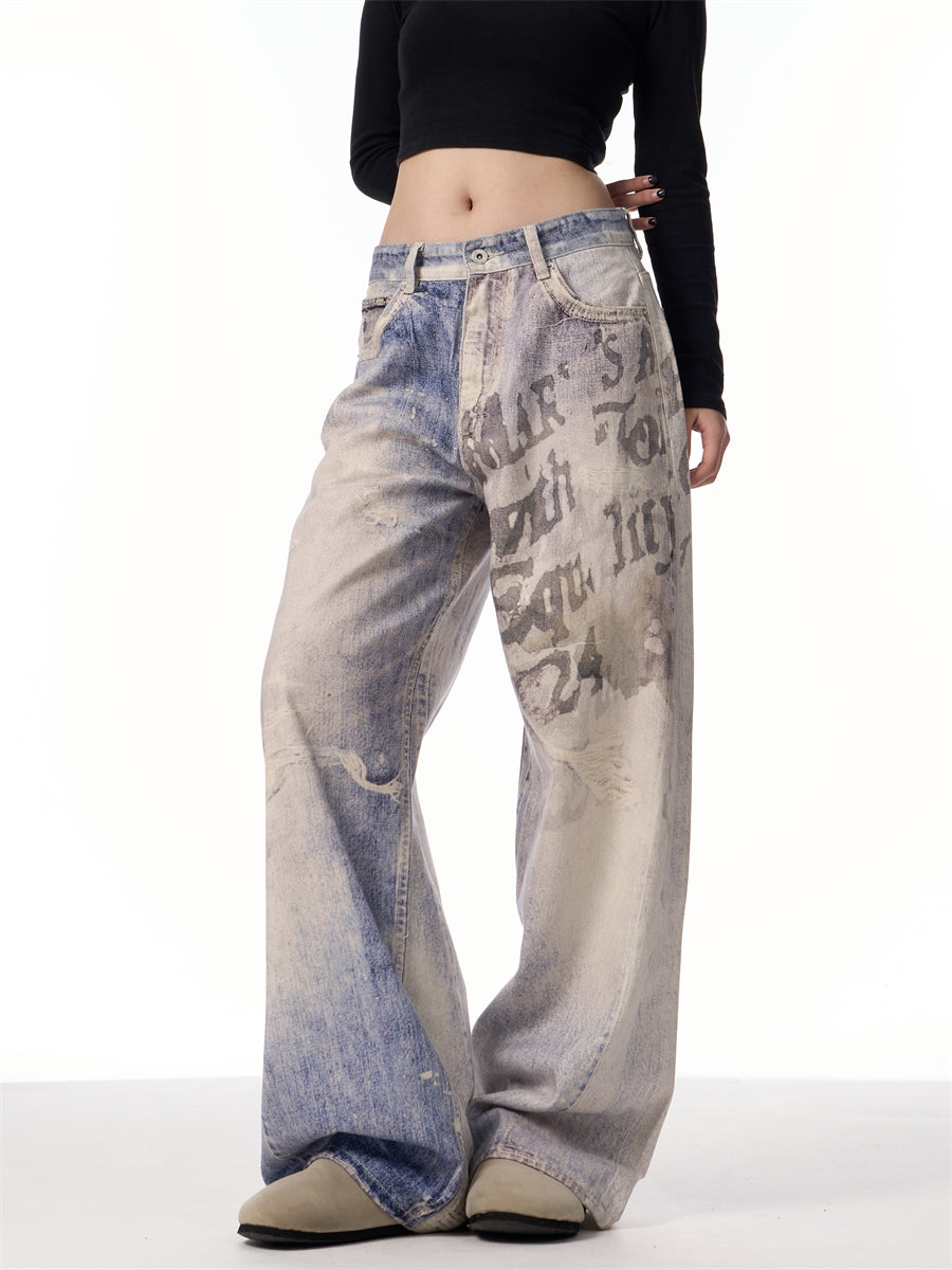 Printing Gradient Letter Printed Jeans Long Pants 3D