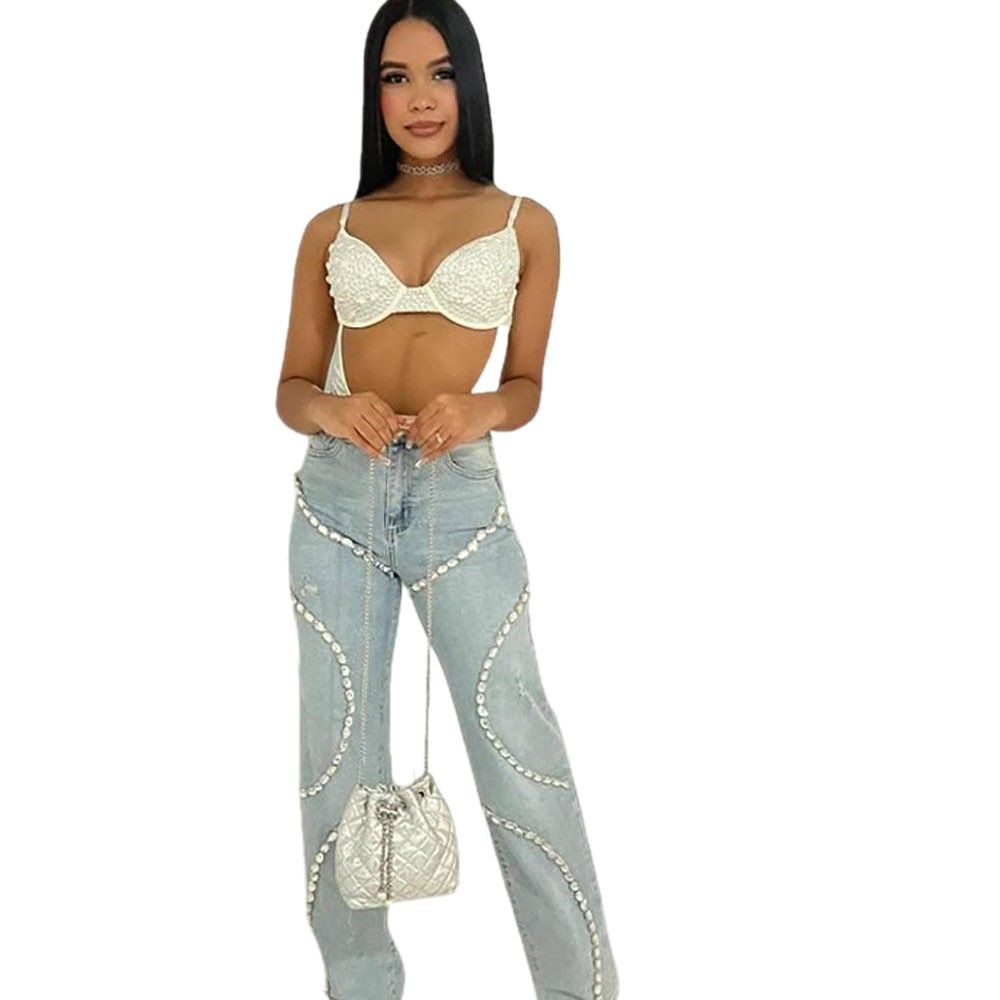 Women's Casual Light Diamond Stitching Straight Jeans