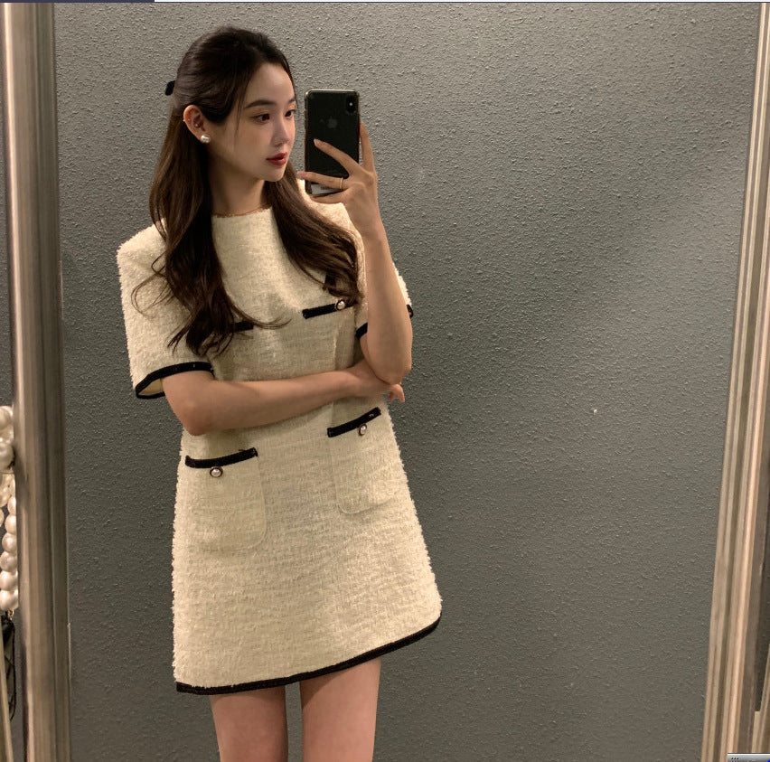Contrast-color Patchwork Loose Casual Short-sleeve Tweed Dress