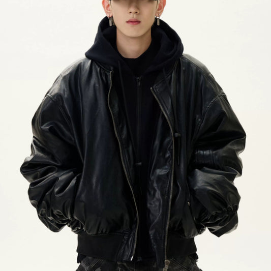 Fake Two-Piece Stitched Hooded Thickened PU Leather Padded Jacket Coat