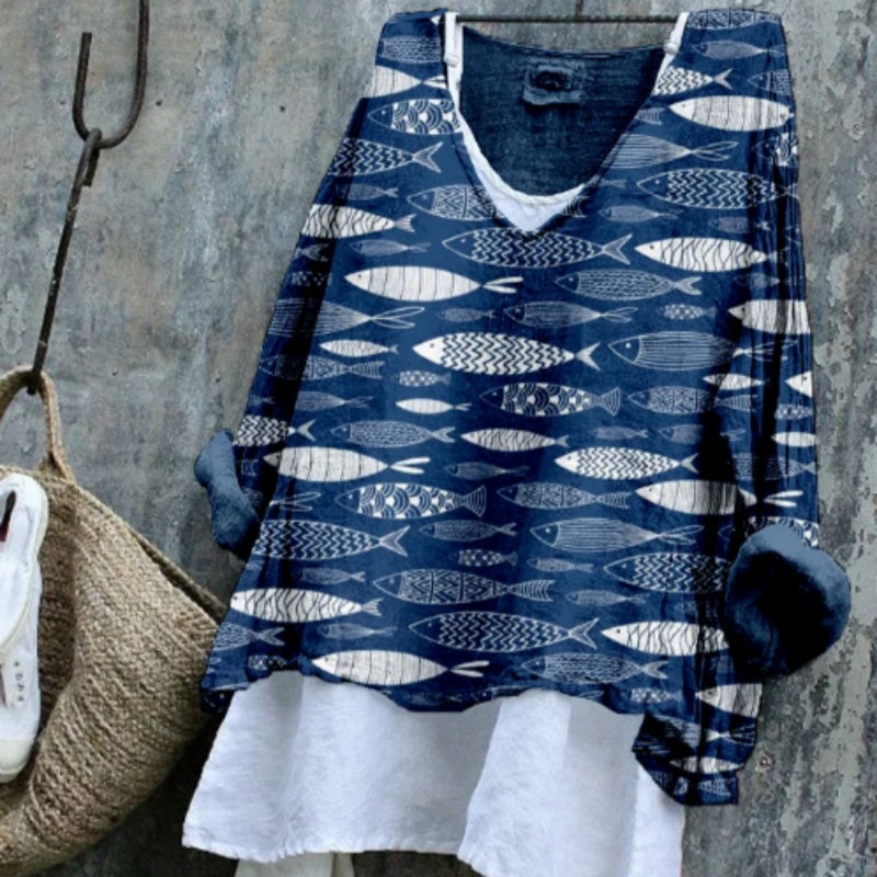 Women's Vintage Fish Art Pattern Linen Blend Flowy Blouse