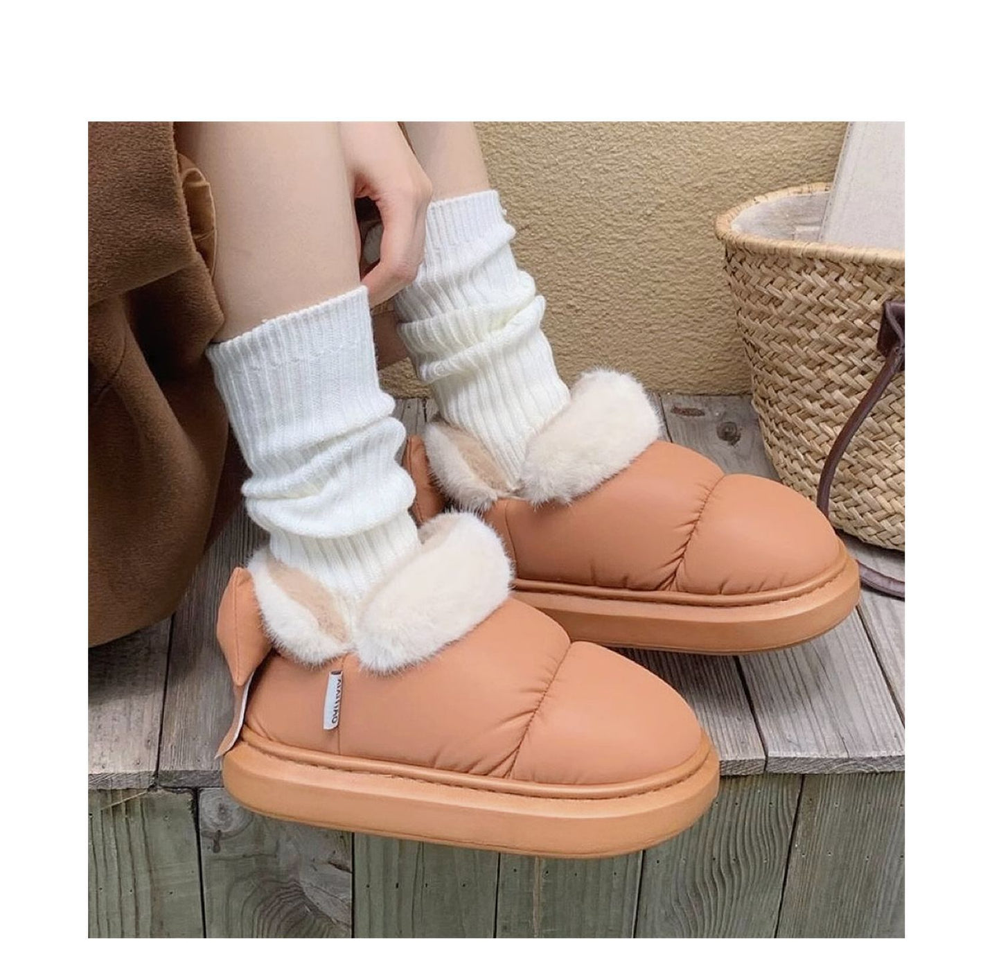 Winter Cute Bow Warm With Velvet Men And Women Creativity New Waterproof Bootie