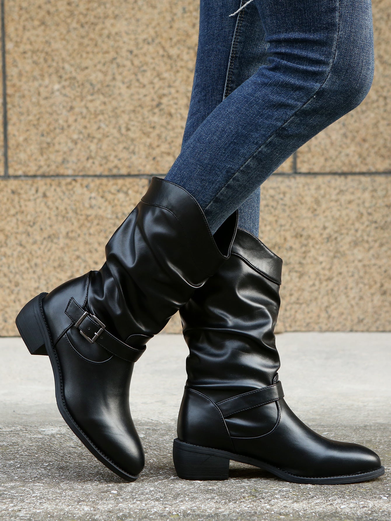 Large Size Pleated Belt Buckle Thick Heel Mid-tube Round Toe Rider Boots Women's