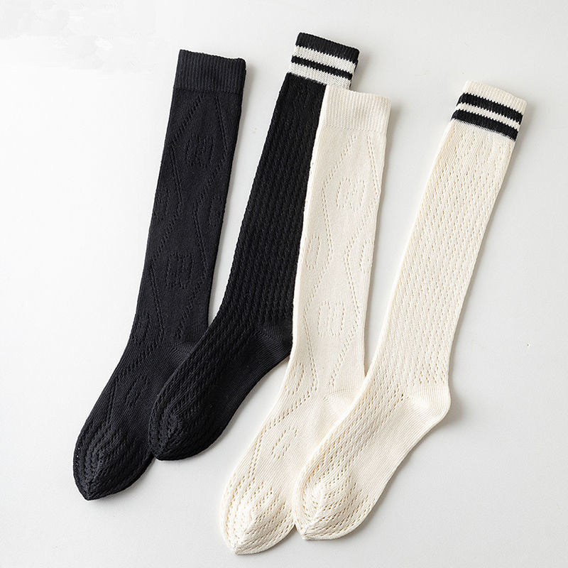 Japanese Hollow Calf Socks JK Style Black And White Simple Pile Socks
