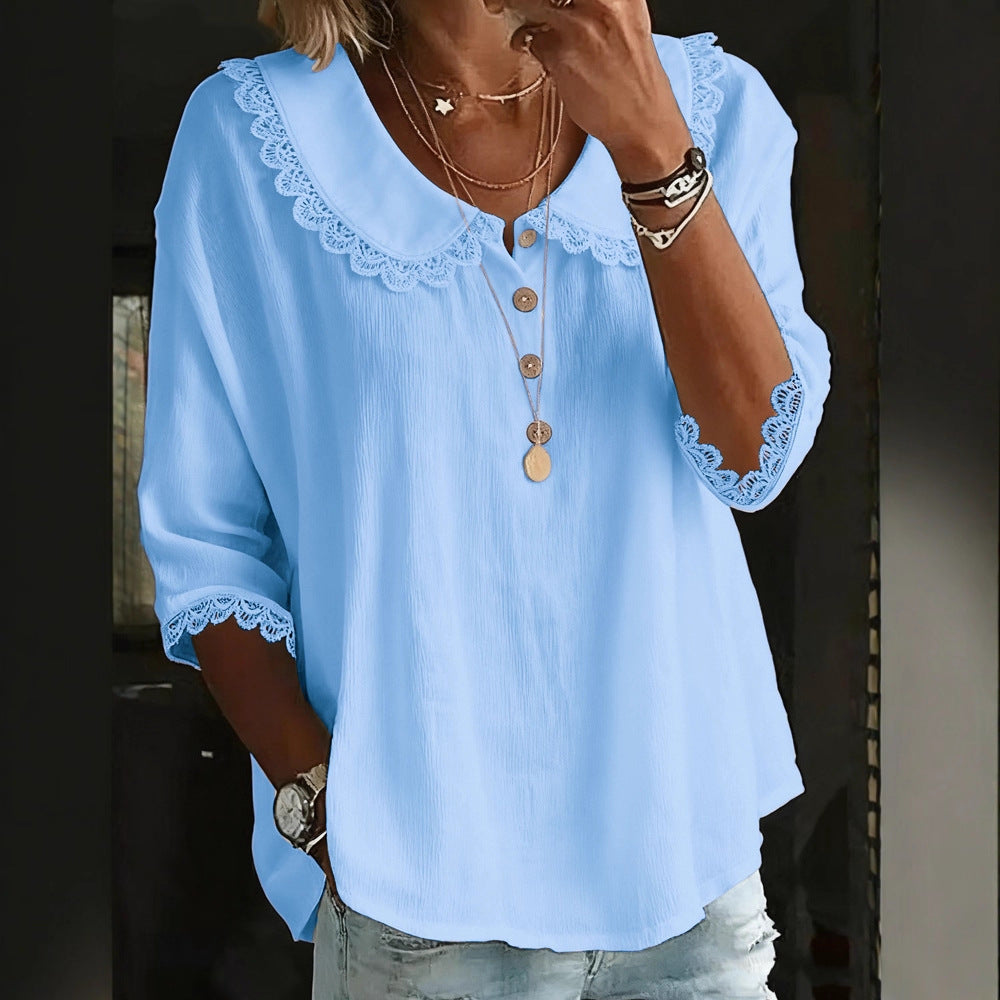 Fashionable Collar With Lace Trim, Solid-Color Button-Up Shirt