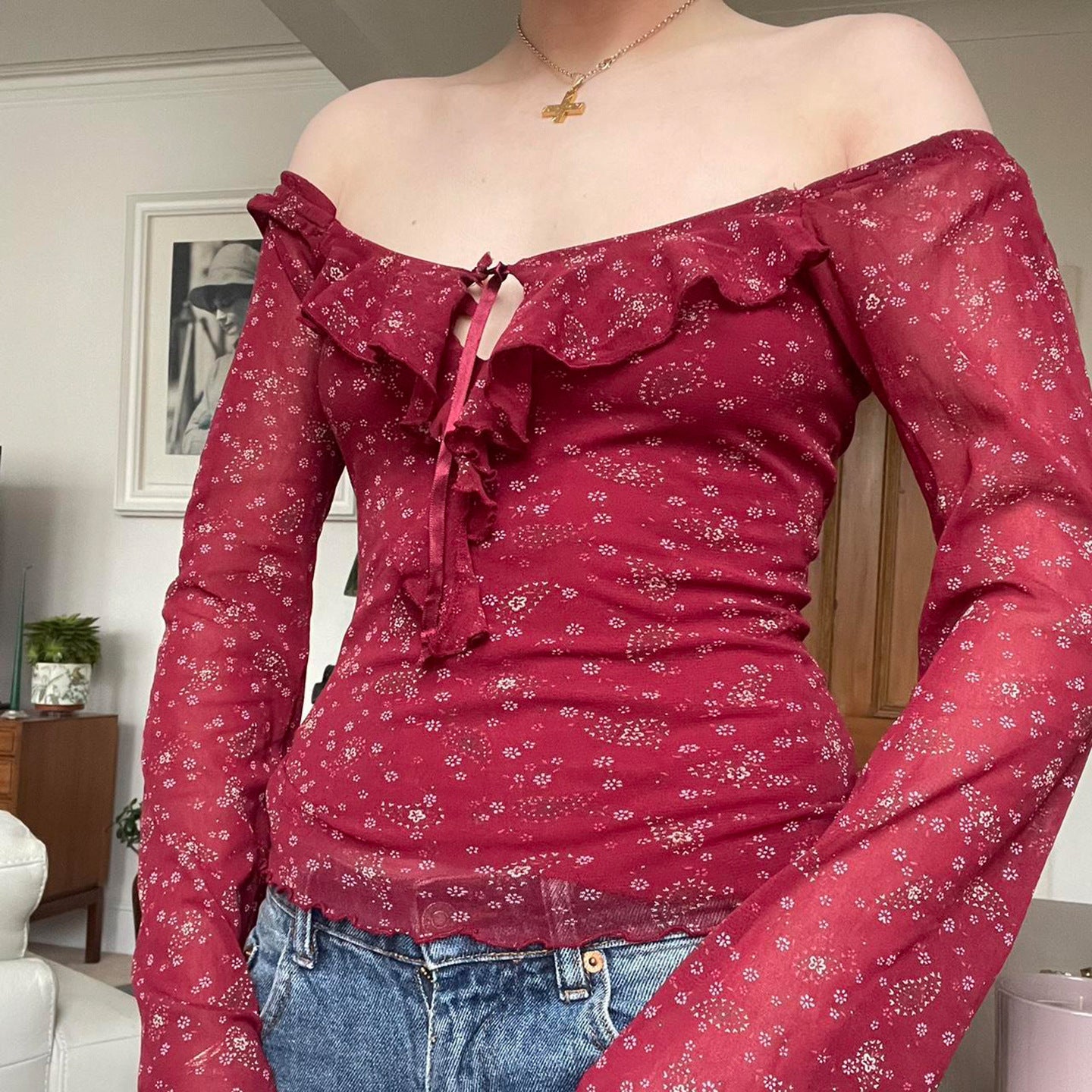 French Jacquard Square-neck Floral Ruffled Long-sleeve Top